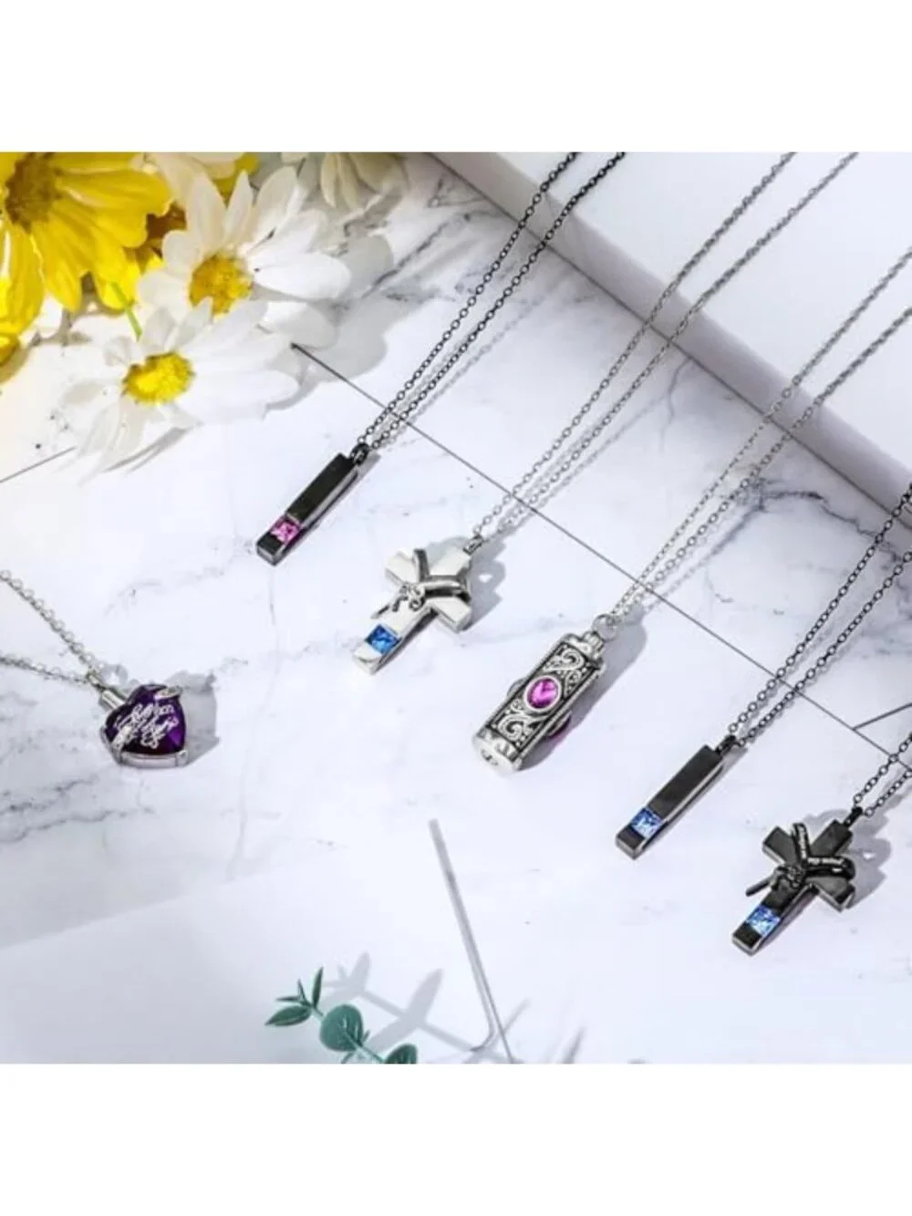 12 Pcs Cremation Urn Necklace Set - Stainless Steel Heart & Cross Lockets for